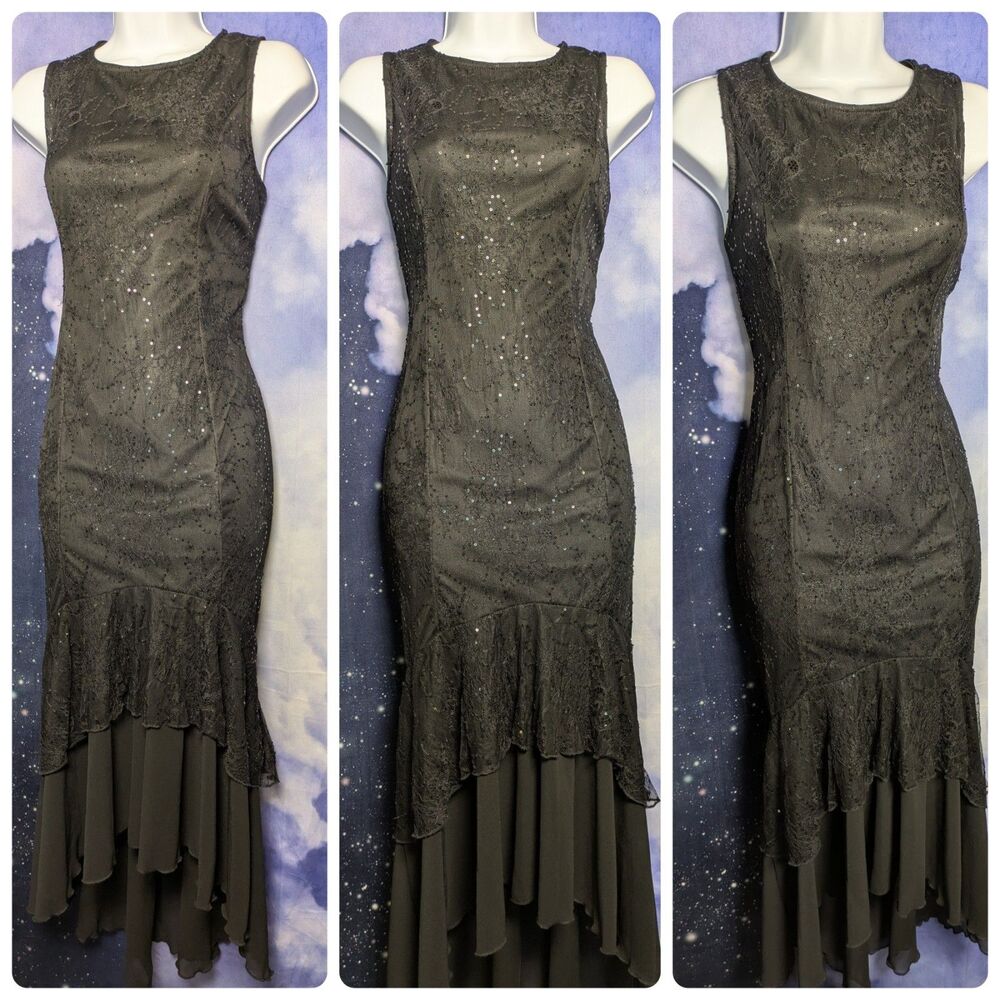 Black Lace Sequin Mermaid Dress Size M Formal Prom Party Cocktail Dark Fairy